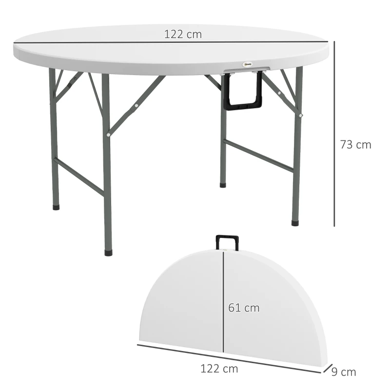 Outsunny Mesa de Jardim Redonda Mesa de Varanda Dobrável com Estrutura de Aço e Bancada de HDPE Ø122x73 cm Branco