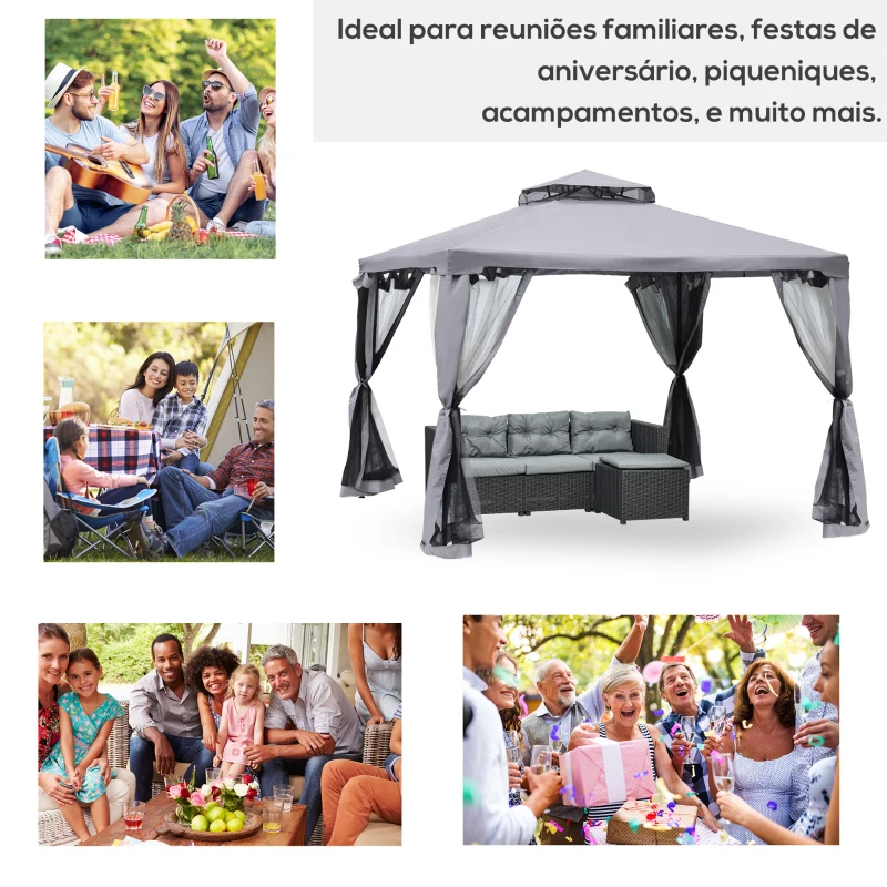 Outsunny Pérgola de Jardim 294x294x265cm com Duplo Teto de Ventilação 8 Orifícios de Drenagem e 4 Telas Mosquiteiras Cinza