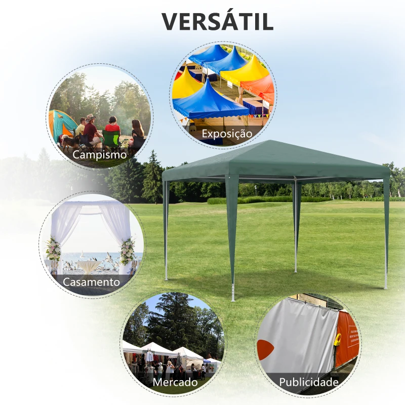 Outsunny Tenda Desmontável 3x3m Tenda de Jardim com 4 Orifícios de Drenagem e Estrutura de Aço para Pátio Campismo Verde