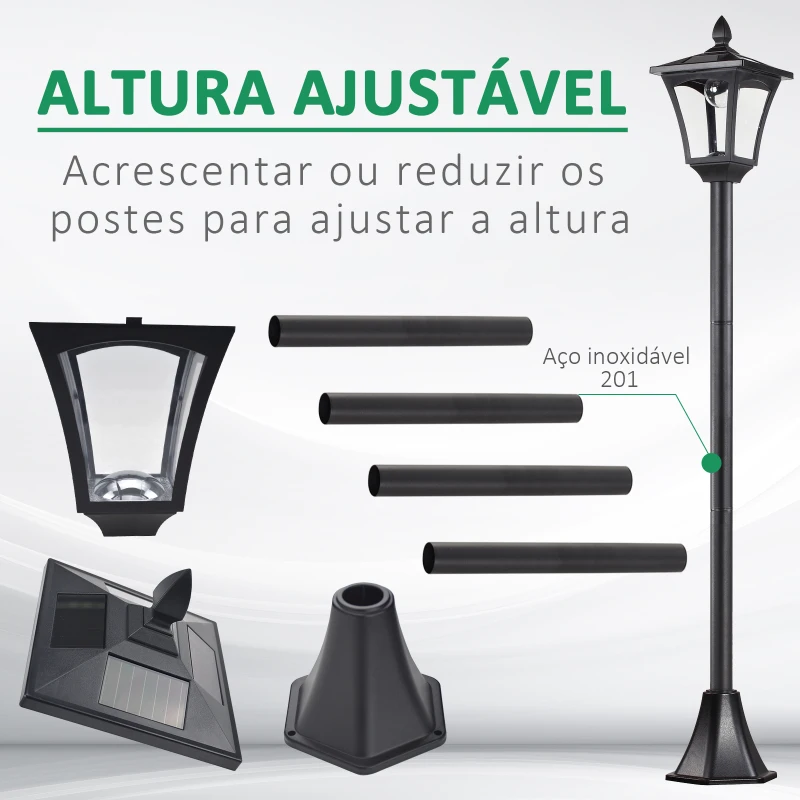 Outsunny Candeeiro Solar para Jardim com Painel Solar Acendimento Automático e Estrutura de Aço Inoxidável 18x18x160 cm Preto