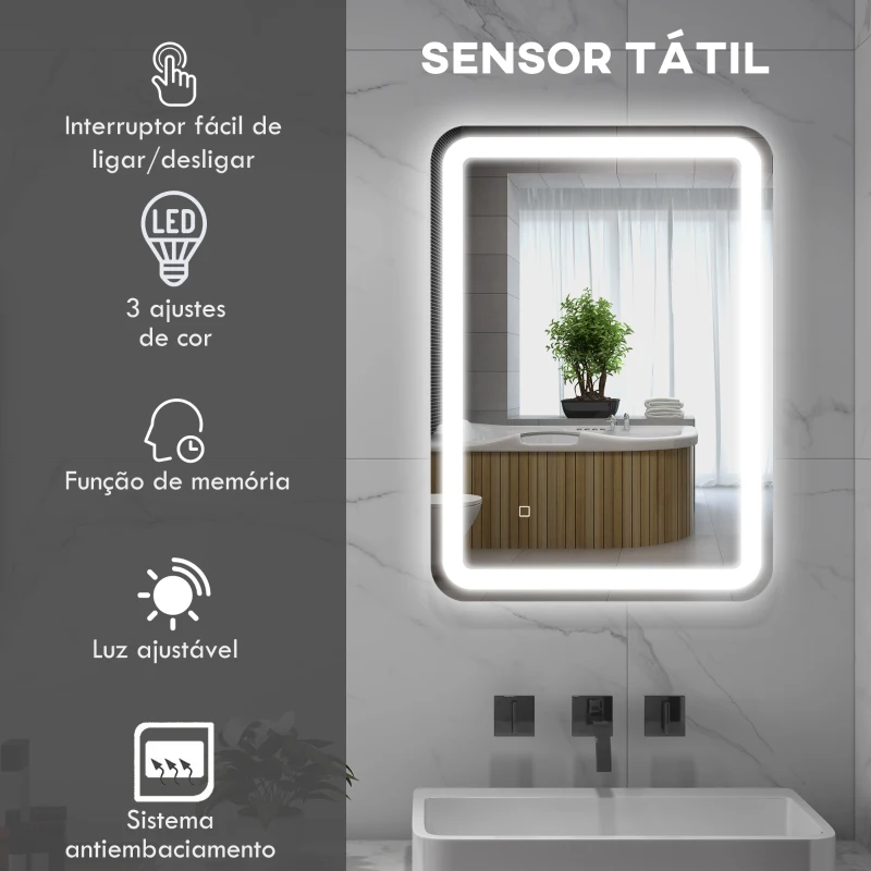 HOMCOM Espelho Casa de Banho com Luzes LED 70x50 cm Função Antiembaciamento 3 Temperaturas de Cor Ajustável e Função de Memória Prata