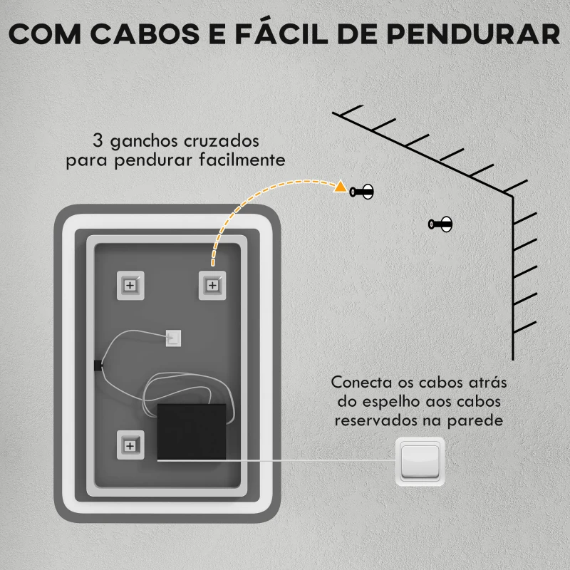 HOMCOM Espelho Casa de Banho com Luzes LED 70x50 cm Função Antiembaciamento 3 Temperaturas de Cor Ajustável e Função de Memória Prata