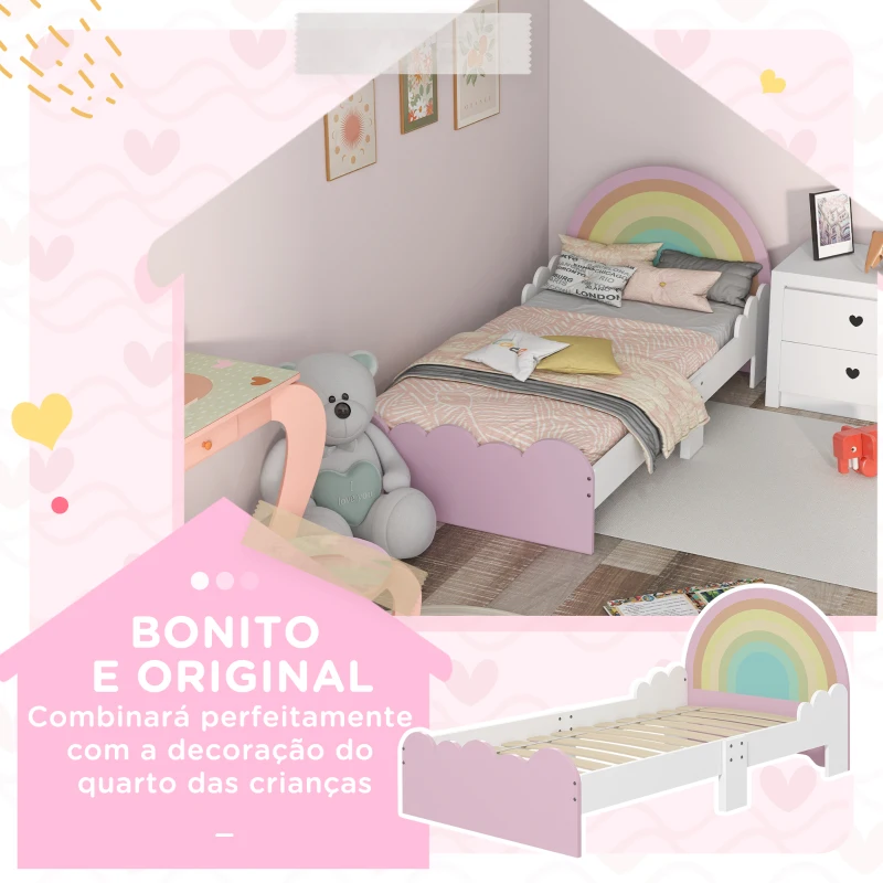 ZONEKIZ Cama para Crianças de 3-6 Anos 143x74x66 cm Cama Infantil de Madeira em Forma de Arco Íris Rosa