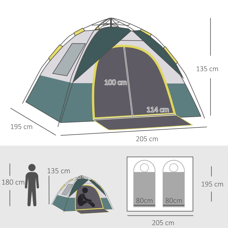 Outsunny Tenda de Campismo para 2-3 Pessoas Dobrável com 3 Janelas Bolsa de Transporte e Abertura Automática 205x195x135 cm Verde