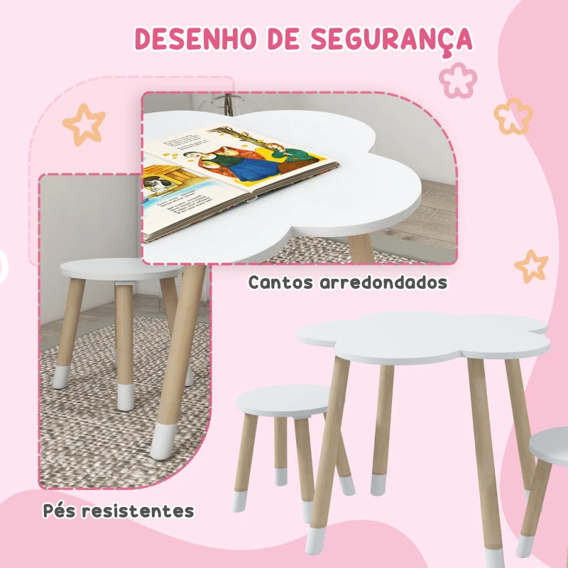 ZONEKIZ Conjunto de Mesa e 2 Cadeira para Crianças de 2-5 Anos Mesa com Forma de Flor Ø59x50 cm e Cadeiras Ø28x26 cm Branco