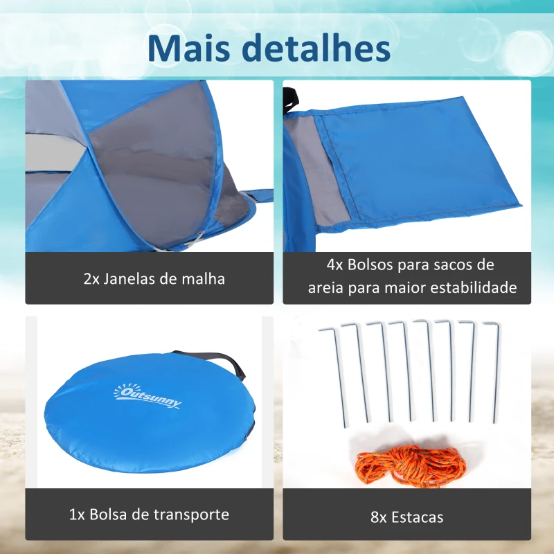 Outsunny Tenda de Praia Dobrável Pop-Up para 1-2 Pessoas com 1 Porta 2 Janelas e Bolsa de Transporte 200x120x90 cm Azul