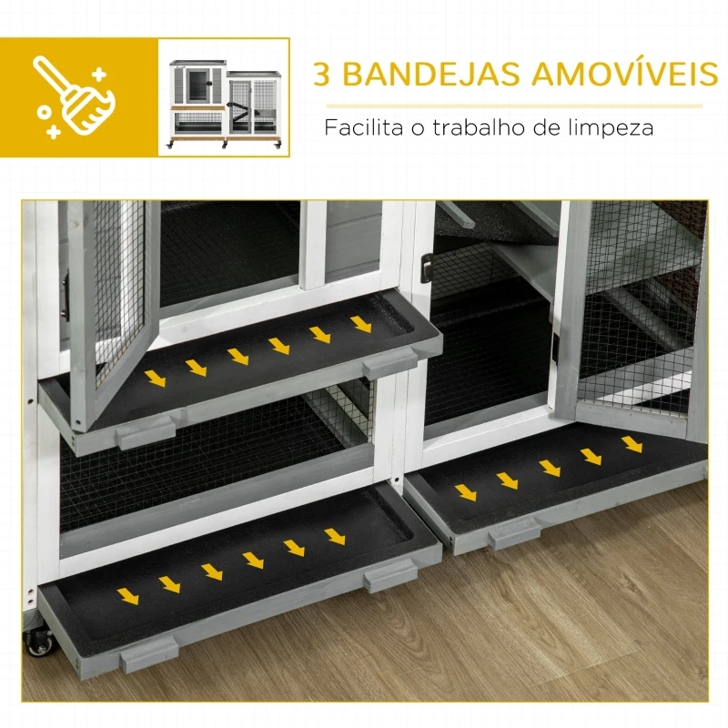 PawHut Coelheira de Madeira Interior Gaiola para Coelhos de 2 Níveis com Rodas 2 Rampas 3 Bandejas Amovíveis 110x50x86 cm Cinza