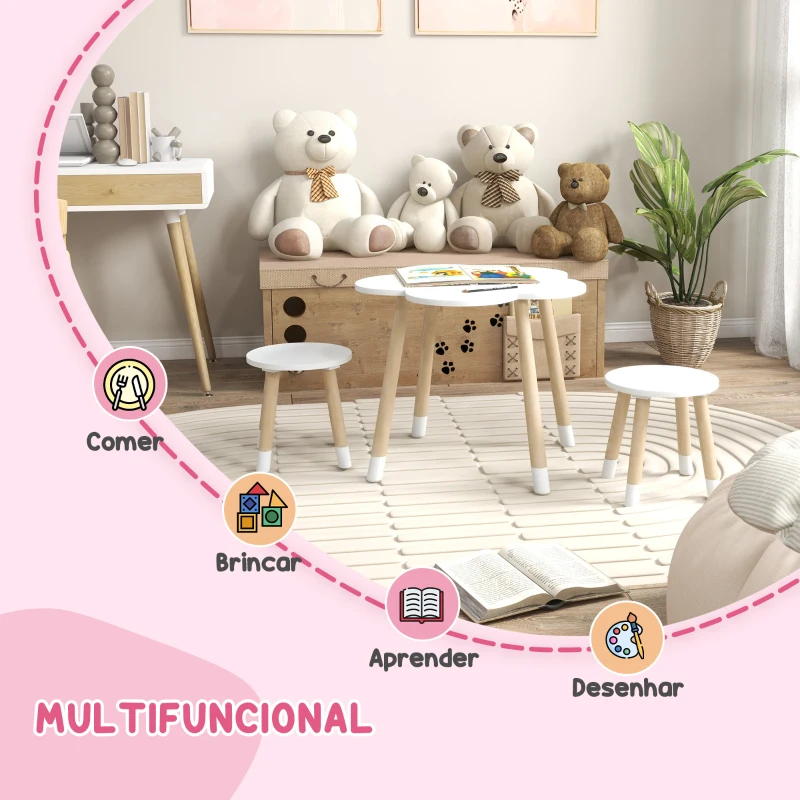 ZONEKIZ Conjunto de Mesa e 2 Cadeira para Crianças de 2-5 Anos Mesa com Forma de Flor Ø59x50 cm e Cadeiras Ø28x26 cm Branco