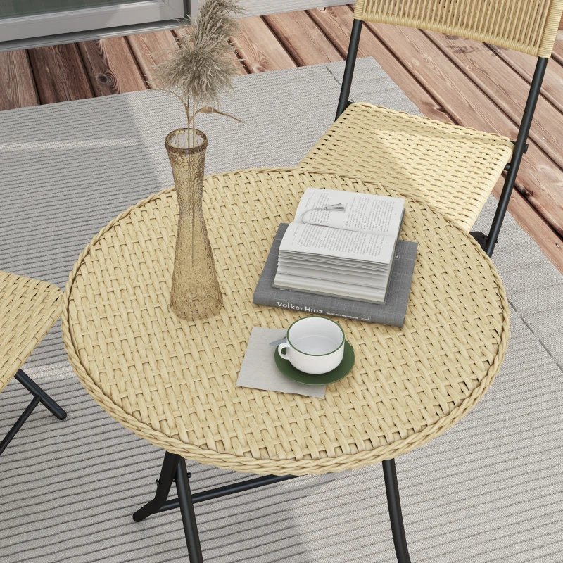 Outsunny Conjunto de Mesa e Cadeiras de Vime Conjunto de 3 Peças Móveis de Jardim Dobrável com 2 Cadeiras e 1 Mesa Redonda Madeira