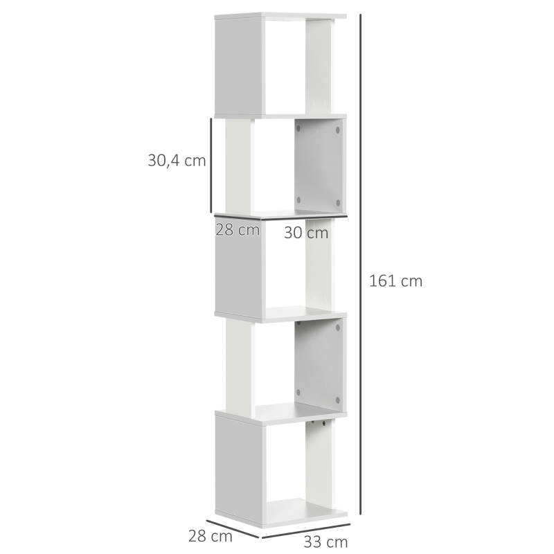 HOMCOM Estante de Livros em Forma de S Estante com 5 Prateleiras Abertas para Sala de Estar Escritório Anti-Tombo 33x28x161cm Branco e Cinza Claro