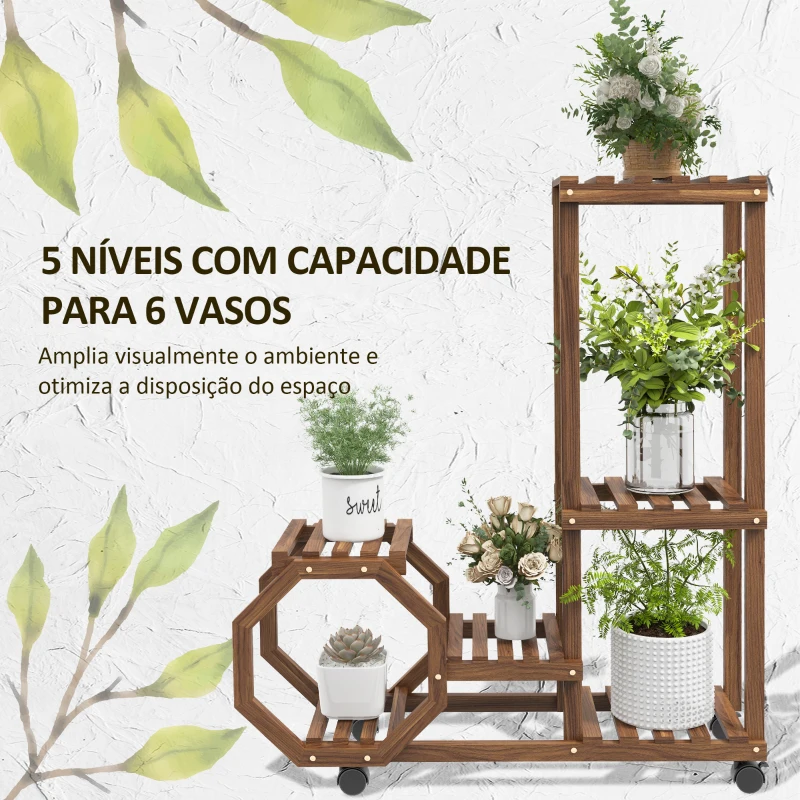 Outsunny Estante para Vasos de 5 Níveis Suporte para Vasos de Plantas de Madeira Suporte para Plantas com Rodas 86x30x102 cm Marrom Carbonizado