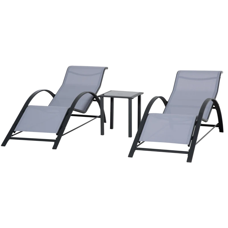 Outsunny Conjunto de 2 Espreguiçadeiras de Jardim 59x169x66 cm com Mesa 41x41x45 cm  Vidro Temperado Apoio de Braços Cinza