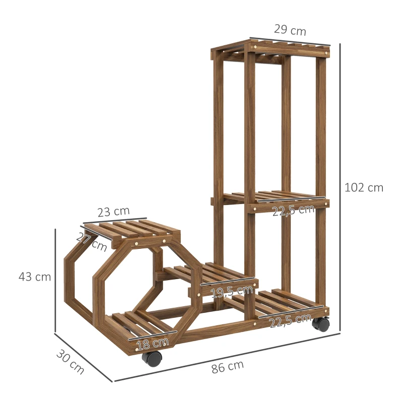 Outsunny Estante para Vasos de 5 Níveis Suporte para Vasos de Plantas de Madeira Suporte para Plantas com Rodas 86x30x102 cm Marrom Carbonizado