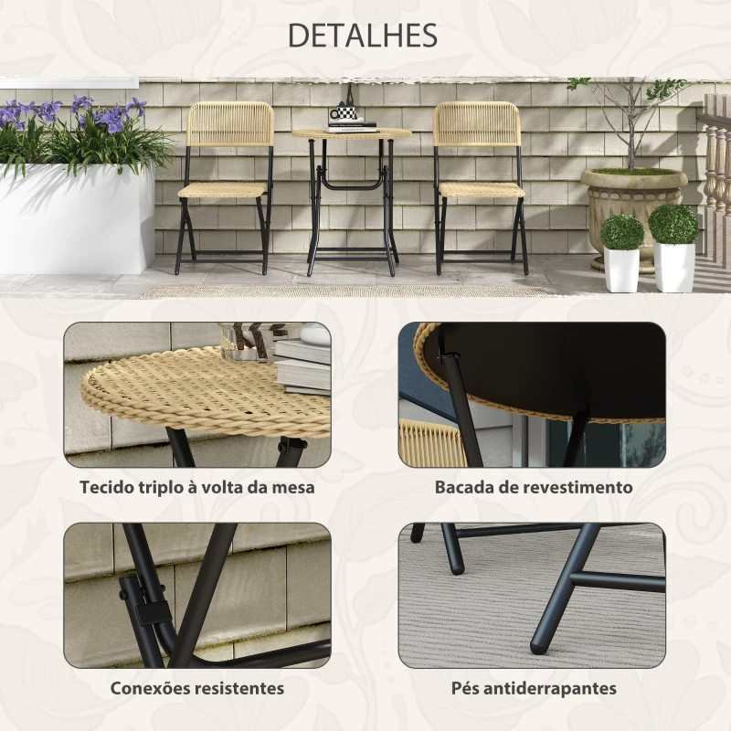 Outsunny Conjunto de Mesa e Cadeiras de Vime Conjunto de 3 Peças Móveis de Jardim Dobrável com 2 Cadeiras e 1 Mesa Redonda Madeira
