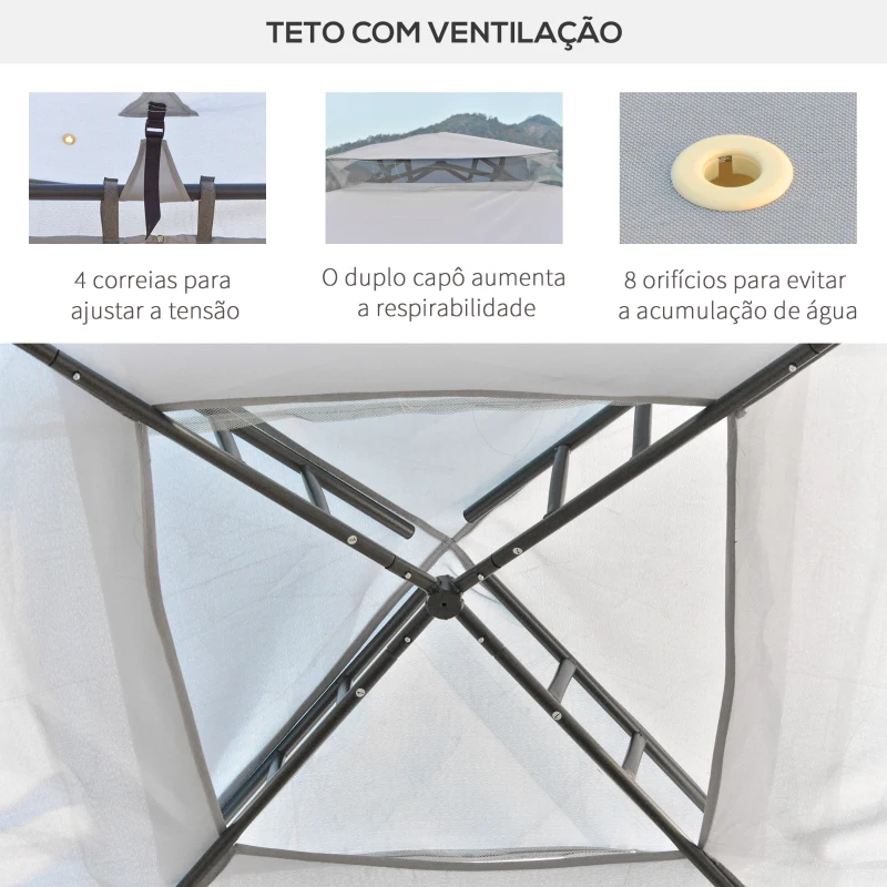 Outsunny Pérgola de Jardim 294x294x265cm com Duplo Teto de Ventilação 8 Orifícios de Drenagem e 4 Telas Mosquiteiras Cinza