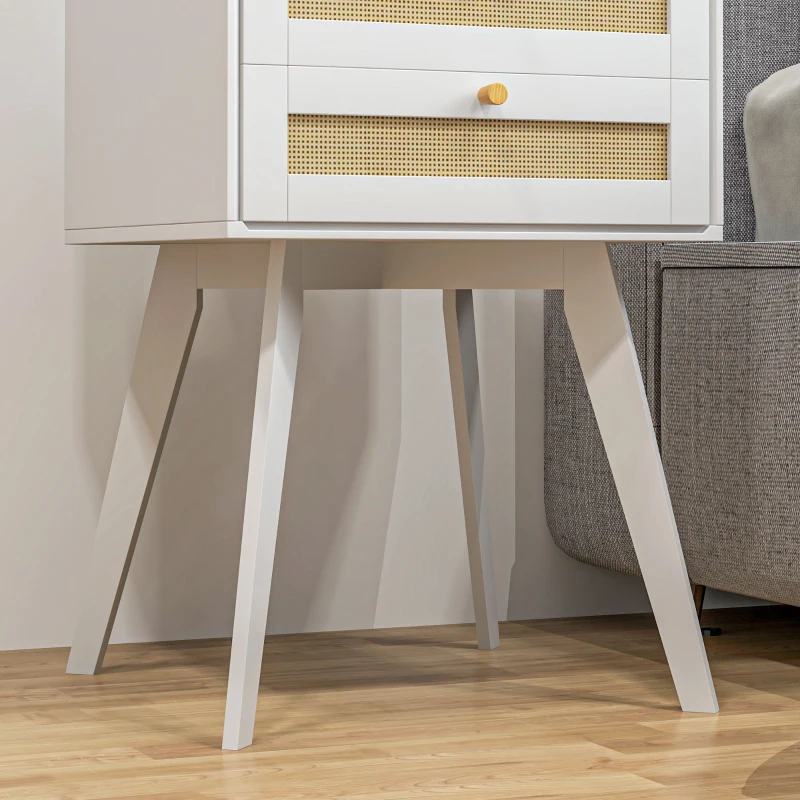 HOMCOM Mesa de Cabeceira Branca Estilo Boho com 2 Gavetas e Decoração de Vime para Quarto Sala de Estar 40x40x60 cm