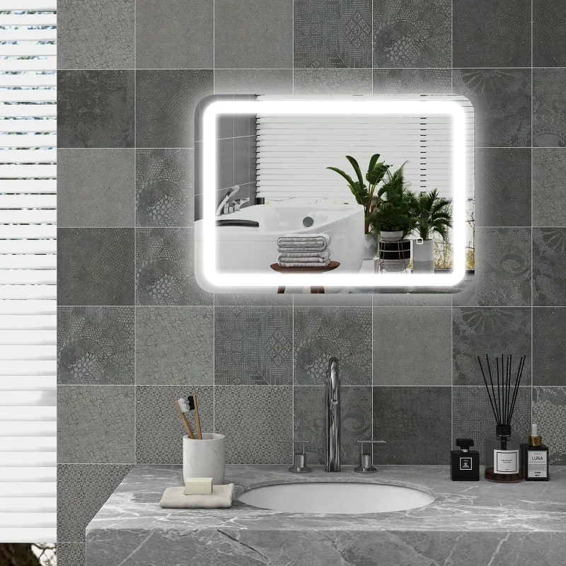 HOMCOM Espelho Casa de Banho com Luzes LED 70x50 cm Função Antiembaciamento 3 Temperaturas de Cor Ajustável e Função de Memória Prata