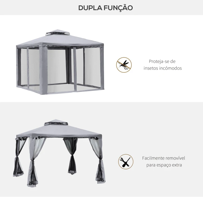 Outsunny Pérgola de Jardim 294x294x265cm com Duplo Teto de Ventilação 8 Orifícios de Drenagem e 4 Telas Mosquiteiras Cinza