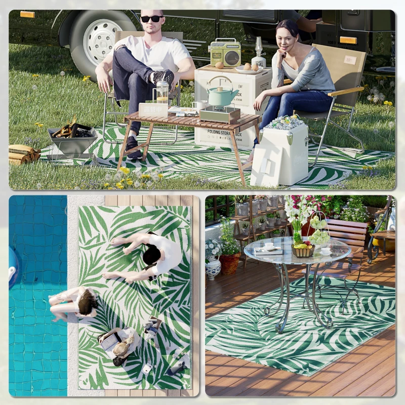 Outsunny Tapete de Exterior 152x243 cm Reversível com Padrão de Folhas para Varanda Pátio Campismo Praia Verde Escuro e Branco