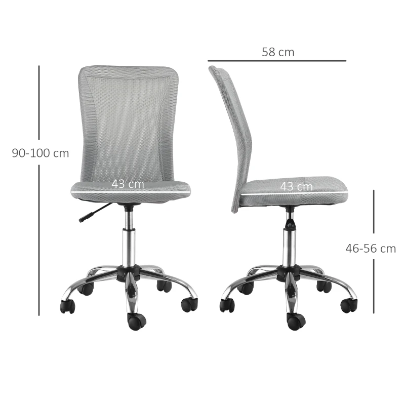 Vinsetto Cadeira de Escritório de Malha Giratória sem Apoio para os Braços com Altura Ajustável Carga 43x58x90-100 cm Cinza