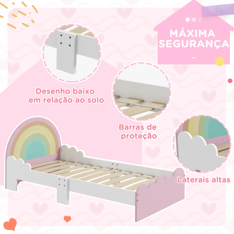 ZONEKIZ Cama para Crianças de 3-6 Anos 143x74x66 cm Cama Infantil de Madeira em Forma de Arco Íris Rosa