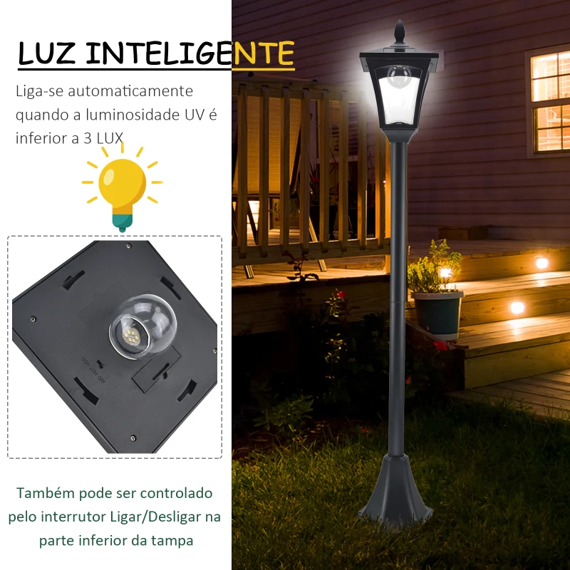 Outsunny Candeeiro Solar para Jardim com Painel Solar Acendimento Automático e Estrutura de Aço Inoxidável 18x18x160 cm Preto