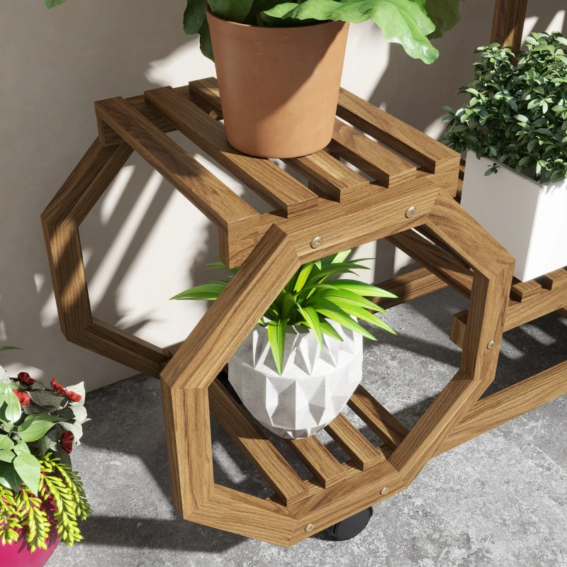 Outsunny Estante para Vasos de 5 Níveis Suporte para Vasos de Plantas de Madeira Suporte para Plantas com Rodas 86x30x102 cm Marrom Carbonizado
