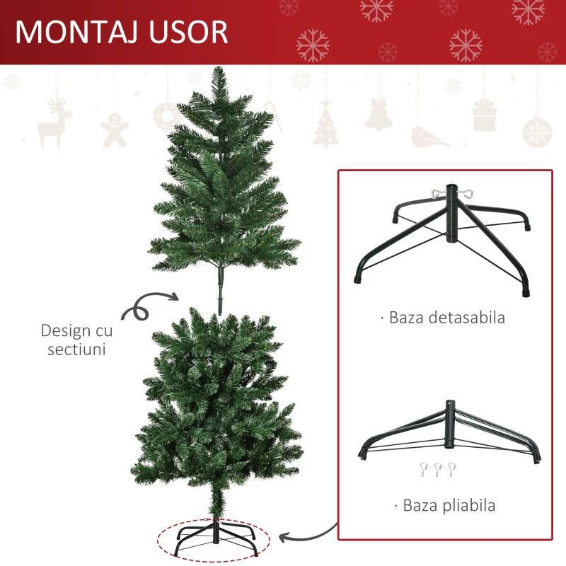 HOMCOM Brad de Craciun 150cm Artificial Baza Detasabila 454 Ramuri PVC si Otel