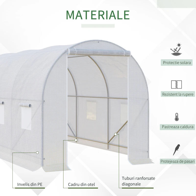 Outsunny sera gradine3,5 x 2 x 2 m, cadru mare din otel galvanizat, tunel din polietilene pentru gradina, alb(m-5)
