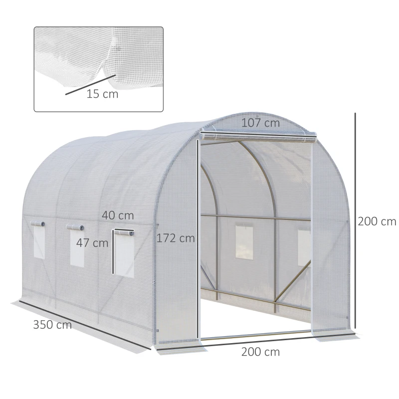 Outsunny sera gradine3,5 x 2 x 2 m, cadru mare din otel galvanizat, tunel din polietilene pentru gradina, alb(m-3)