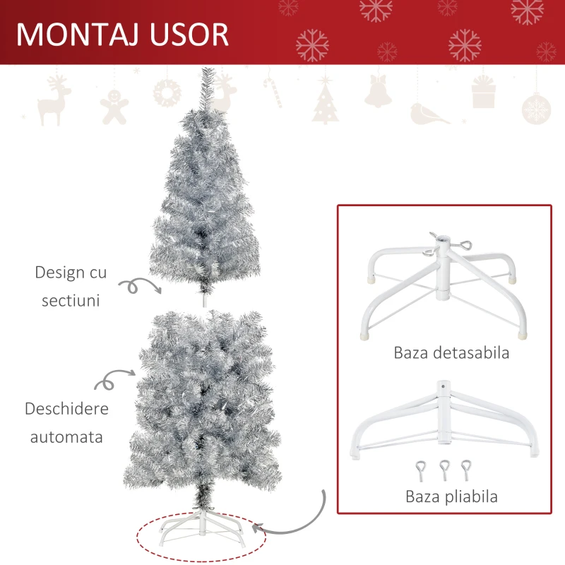 HOMCOM HOMCM Brad de Craciun Artificial Argintiu Inalt 150 cm cu Baza Detasabila