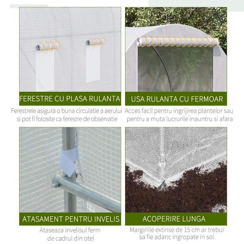 Outsunny sera gradine3,5 x 2 x 2 m, cadru mare din otel galvanizat, tunel din polietilene pentru gradina, alb(m-4)