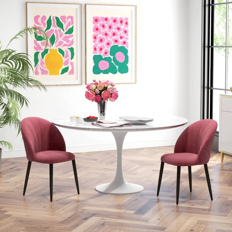 HOMCOM Set 2 Sedie da Pranzo in Velluto Imbottite con Gambe in Metallo, Rosso