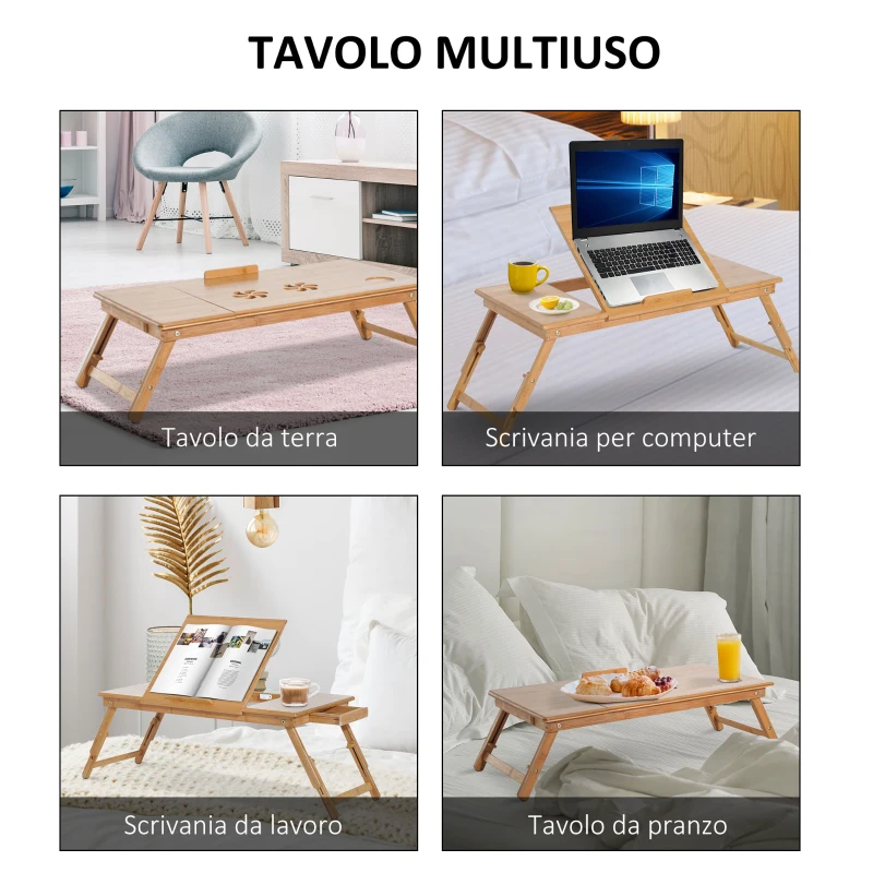HOMCOM Tavolino da Letto per PC Pieghevole e Inclinabile con Cassetto, 72x35x22-30, Colore Legno