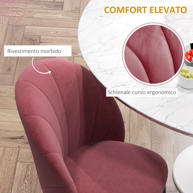 HOMCOM Set 2 Sedie da Pranzo in Velluto Imbottite con Gambe in Metallo, Rosso