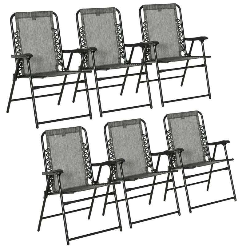 Outsunny Set of 6 Patio Folding Chair Set, Garden Portable Outdoor Chairs with Armrest and Breathable Mesh Fabric Seat and Backrest, for Camping, Beach, Deck, Lawn, Grey