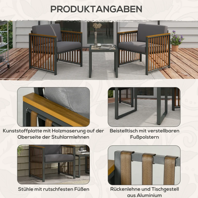 Outsunny Tuinset, 3-delig, inclusief zitkussen, houtdecor, roestvrij metalen frame, Grijs