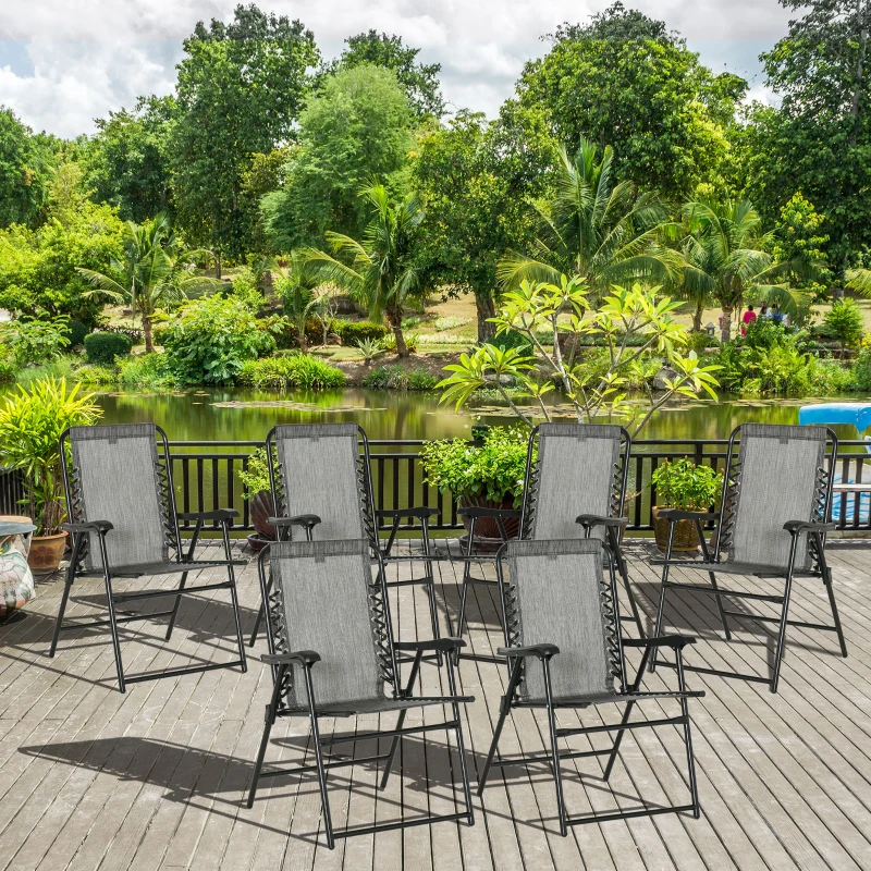 Outsunny Set of 6 Patio Folding Chair Set, Garden Portable Outdoor Chairs with Armrest and Breathable Mesh Fabric Seat and Backrest, for Camping, Beach, Deck, Lawn, Grey