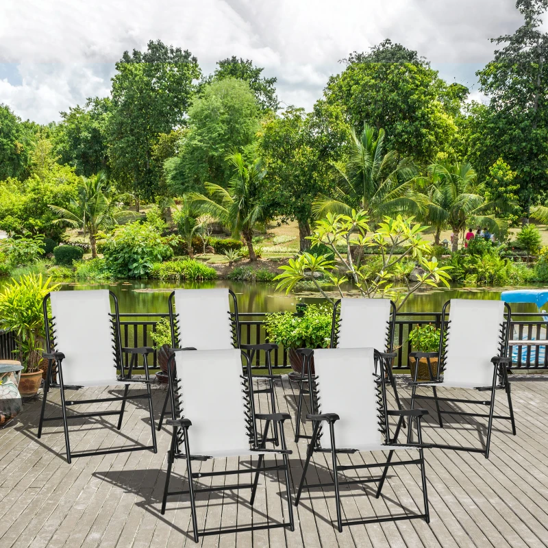 Outsunny Set of 6 Patio Folding Chair Set, Garden Portable Outdoor Chairs with Armrest and Breathable Mesh Fabric Seat and Backrest, for Camping, Beach, Deck, Lawn, Cream White