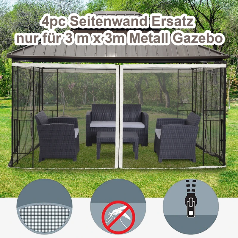 Outsunny Vervangend muggennet voor 3 x 4 m tuinpaviljoens, vliegengaas, met ritsen, polyester, zwart