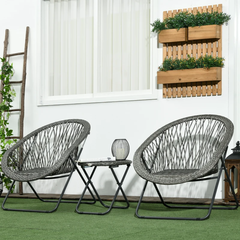 Outsunny Rattan Bistro Set, 3 Piece Garden Furniture Set with Folding Table and Chairs for Garden, Patio, Balcony Grey