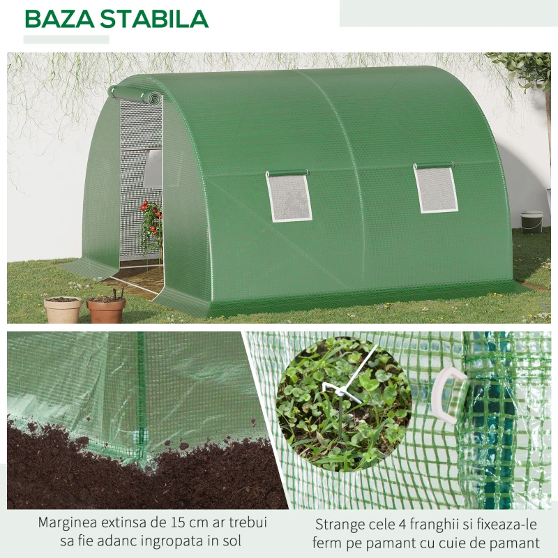 Outsunny Sera tunel de gradina cu protectie din PE, Usa cu incuietoare si 4 ferestre, verde(m-5)