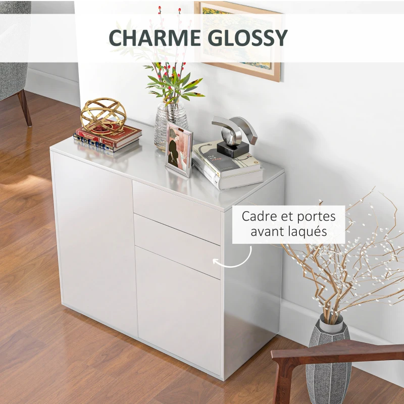 HOMCOM Commode Buffet Meuble de Rangement 2 tiroirs 2 Portes avec étagère 79 x 36 x 74 cm Blanc brillant(m-5)