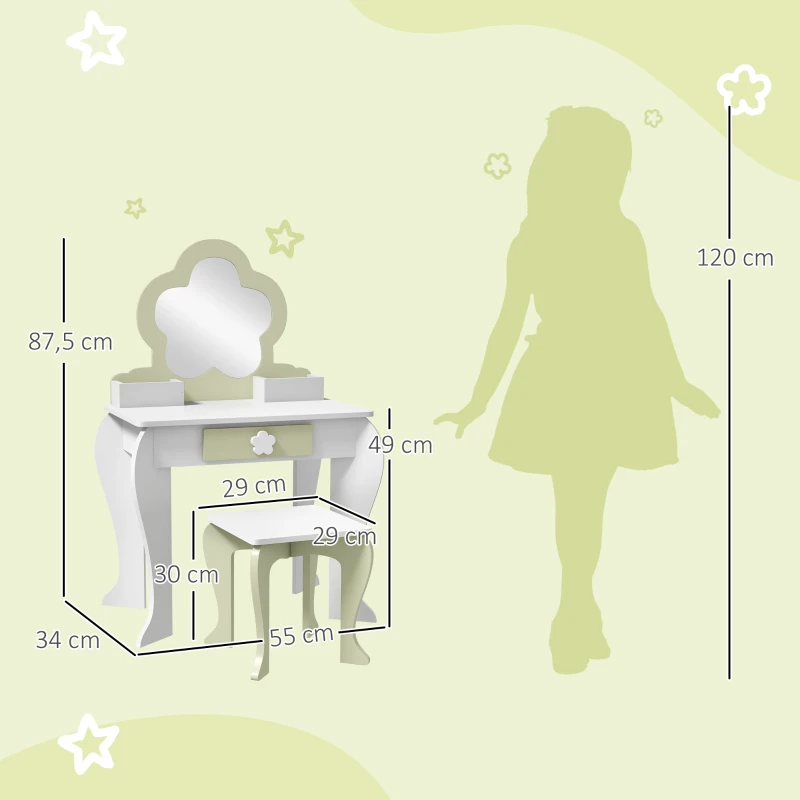 ZONEKIZ Toucador Crianças com Espelho e Banco Toucador de Maquilhagem para Crianças de 3-6 Anos 55x34x87,5 cm Branco e Verde Pastel