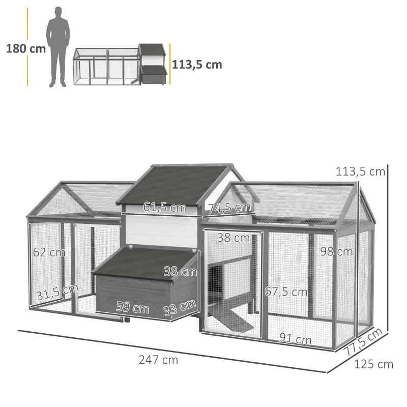 PawHut Kippenhok Konijnenhok 2 Buitenkooien, 1 Nestkast, 2 Ramps, Asfaltdak, Weerbestendig, Grijs(m-3)