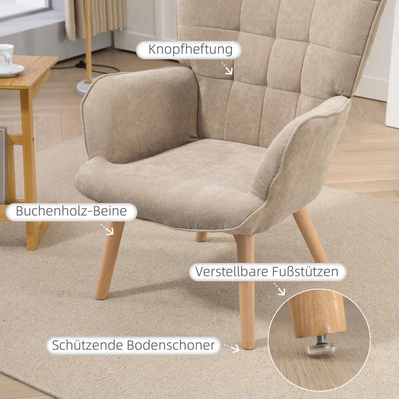 HOMCOM Accentfauteuil in Scandinavisch ontwerp, Oorfauteuil, Stoelset, Beukenhout, Corduroy-Look, Bruin(m-5)