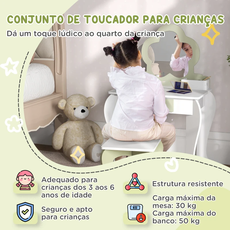 ZONEKIZ Toucador Crianças com Espelho e Banco Toucador de Maquilhagem para Crianças de 3-6 Anos 55x34x87,5 cm Branco e Verde Pastel