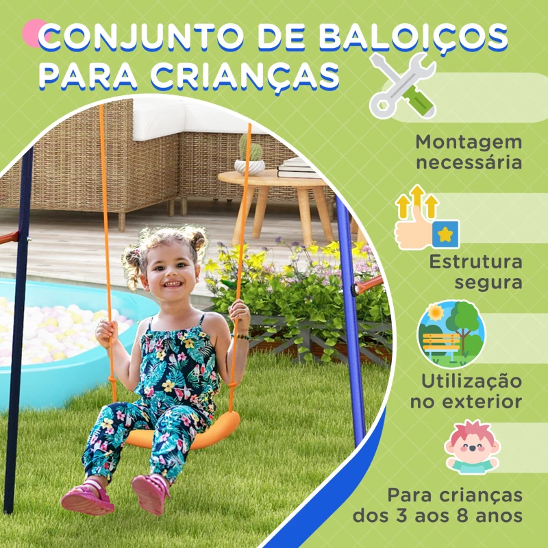 Outsunny Baloiço para Crianças 3 em 1 com Tabela de Basquetebol e Baliza de Futebol Desmontável e Estrutura de Aço Multicor