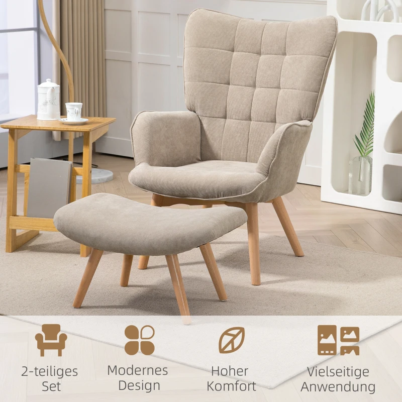 HOMCOM Accentfauteuil in Scandinavisch ontwerp, Oorfauteuil, Stoelset, Beukenhout, Corduroy-Look, Bruin(m-6)