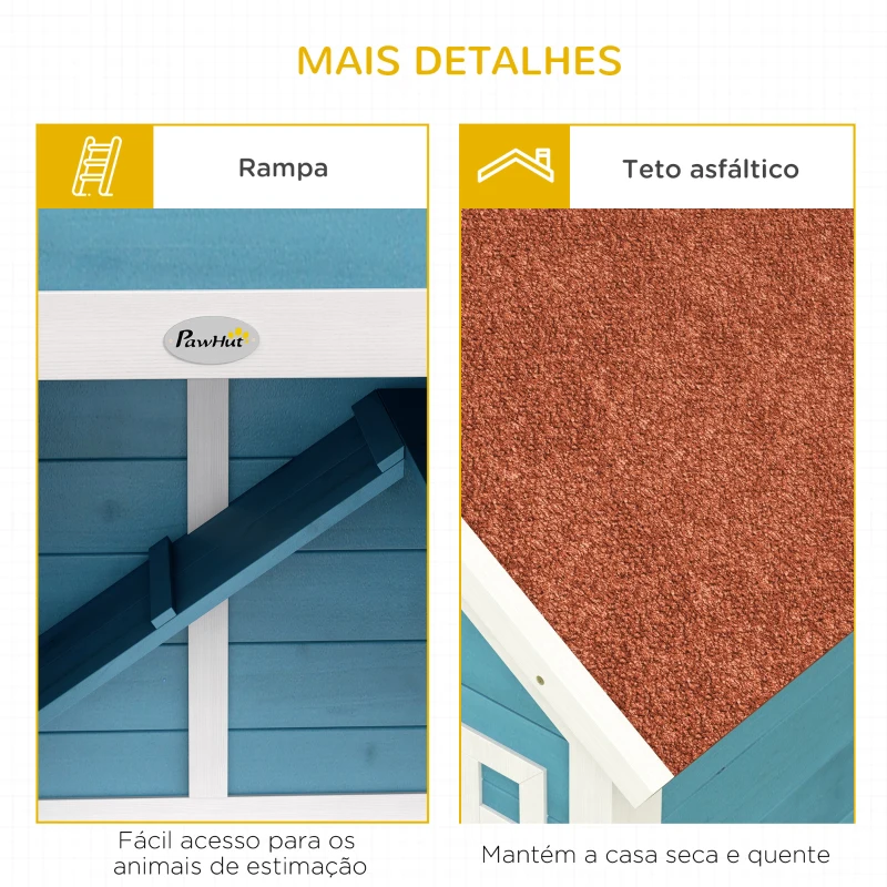 PawHut Coelheira Exterior de Madeira 162,5x59,2x77,6 cm Gaiola para Coelhos Grande com 2 Janelas Rodas Rampa e Teto Asfáltico Azul
